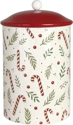 Cutie rotundă din tablă albă cu capac roșu, motiv de Crăciun, lucrată manual, 11 x 18,5 cm, „Elna Noël"