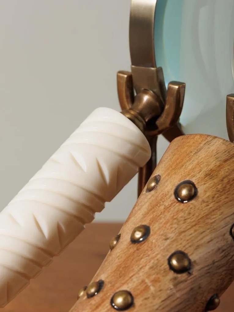 Set 2 lupe decorative din rasina si alama pe postativ Horn