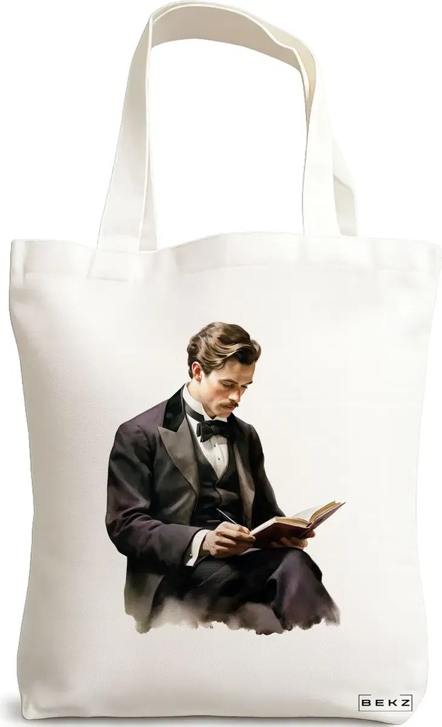 Sacosa de Panza pentru Cumparaturi, Geanta Tote, model The intellectual 38 x 34.5 cm, Alba, BEKZ®