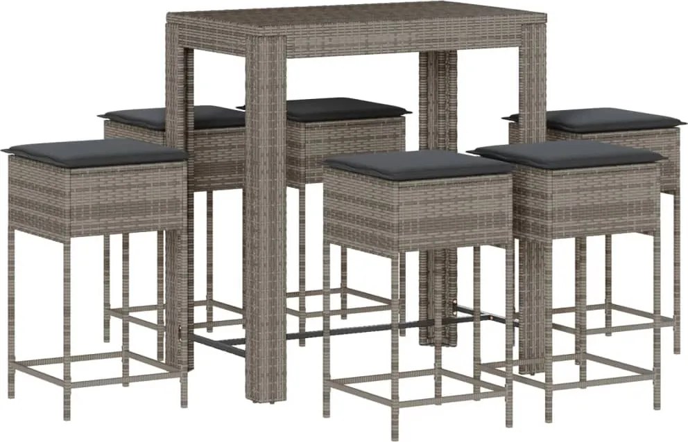 vidaXL Set mobilier bar de grădină cu perne, 7 piese, gri, poliratan
