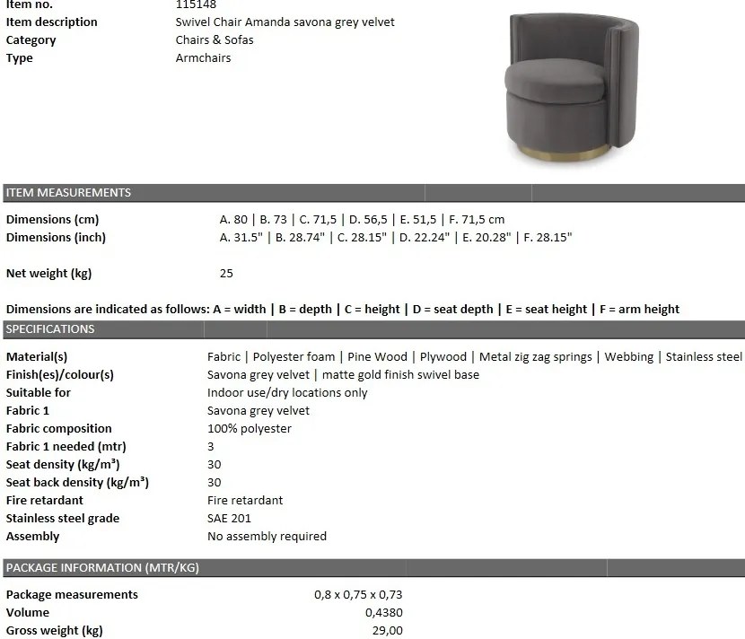 Fotoliu pivotant design elegant Amanda, catifea gri 115148 HZ