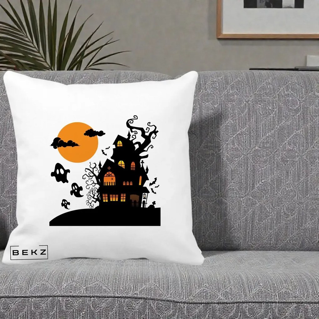 Perna Decorativa Halloween Casa Bantuita cu Fantome, 40x40 cm, Alba Mata, Husa Detasabila, Perna Inclusa, BEKZ®