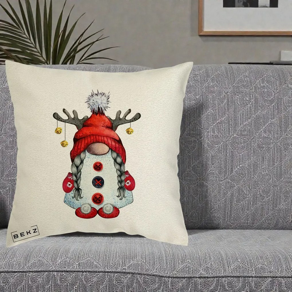 Perna Decorativa Pitic Gnom Craciun cu Coarne de Ren, 40x40 cm, Ecru, Husa Detasabila, Perna Inclusa, BEKZ®