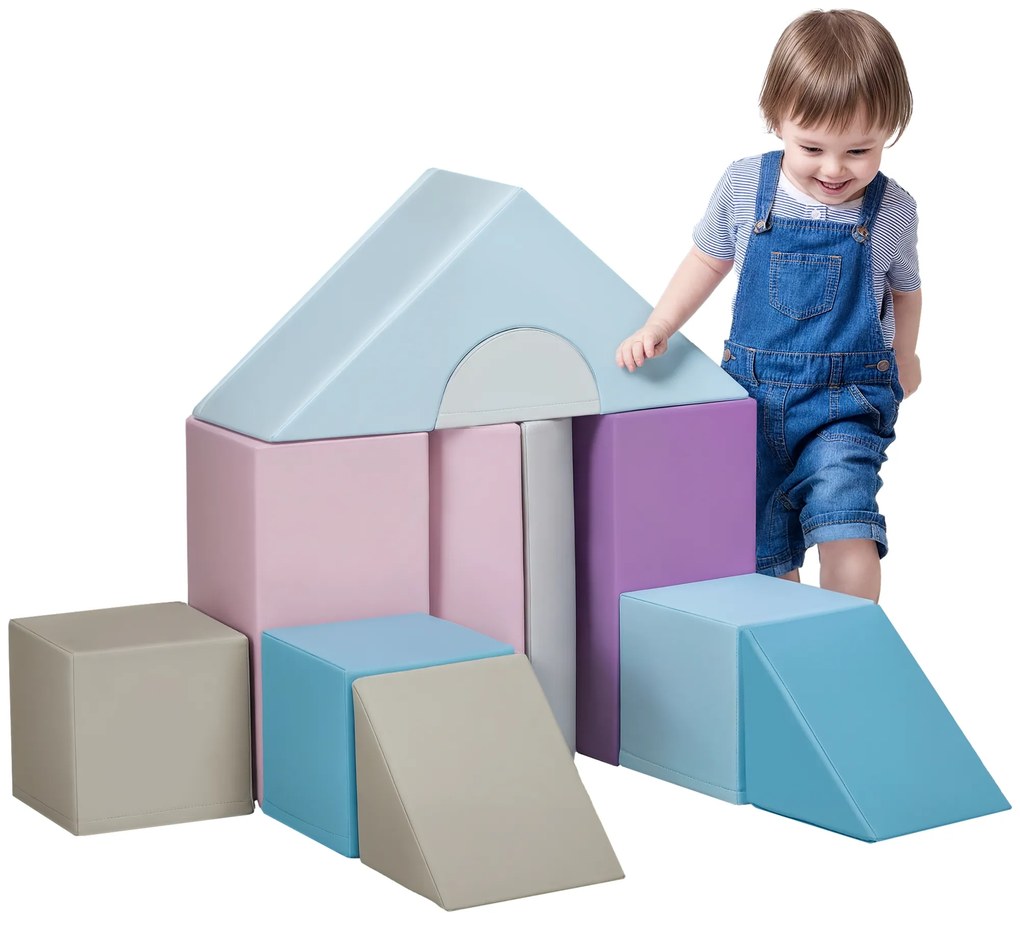 HOMCOM Set de 11 piese de blocuri moi, blocuri de spumă pentru a sări și a se cățăra, pentru copii, 1-3 ani, cu husă de piele artificială, Multicolor | Aosom Romania