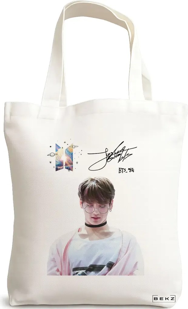 Sacosa de Panza pentru Cumparaturi, Geanta Tote, model BTS Jungkook 2, 38x34.5 cm, Alba, BEKZ®