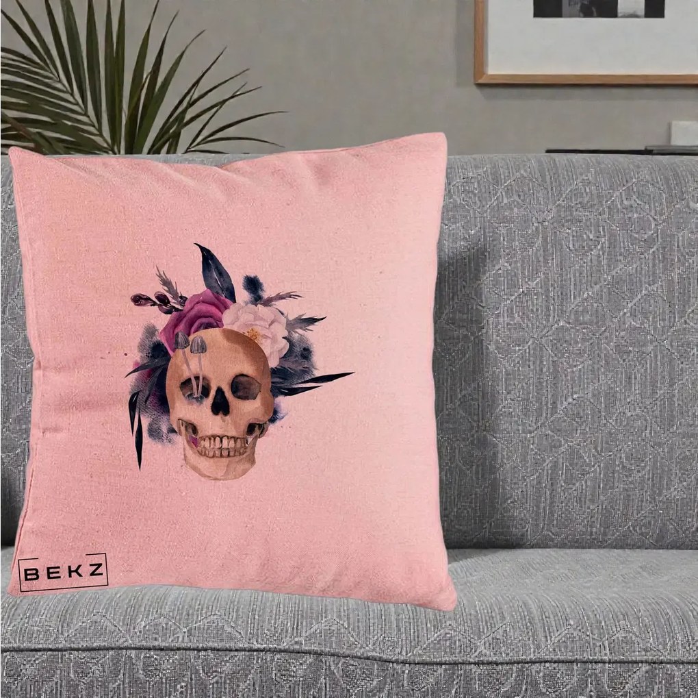 Perna Decorativa Craniu Floral cu Trandafiri si Ciuperci, 40x40 cm, Roz, Husa Detasabila, Perna Inclusa, BEKZ®