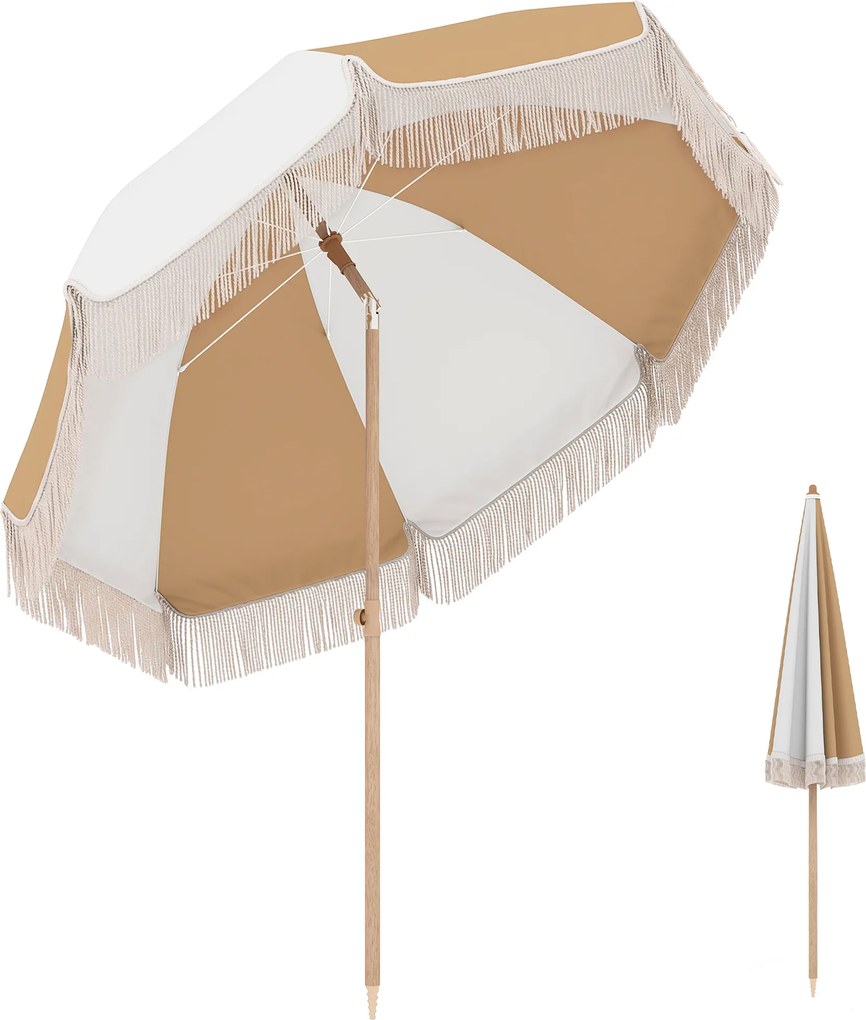 Outsunny Umbrelă de plajă cu franjuri Ø175 cm Umbrelă pentru terasă exterioară cu înălțime reglabilă Înclinare 30° Alb și Bej | Aosom Romania