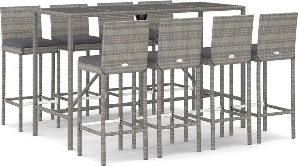 vidaXL Set mobilier bar de grădină, cu perne, 9 piese, gri, poliratan