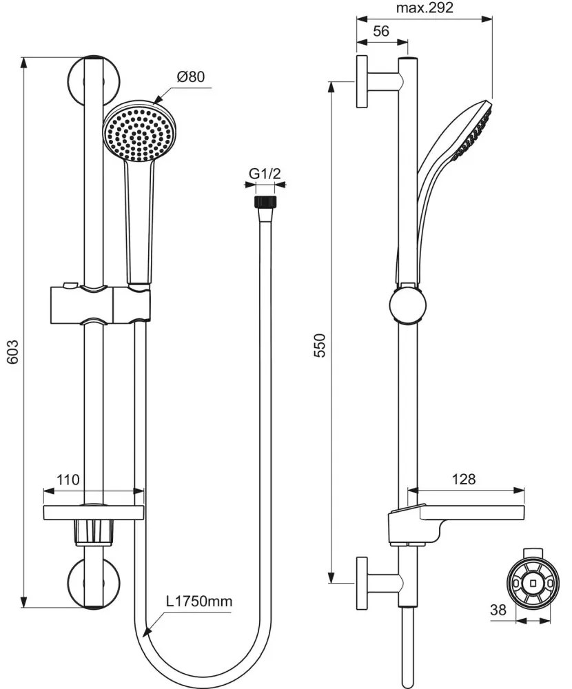 Set de dus Ideal Standard Idealrain Soft cu bara 60 cm, para dus o functie si furtun, crom lucios