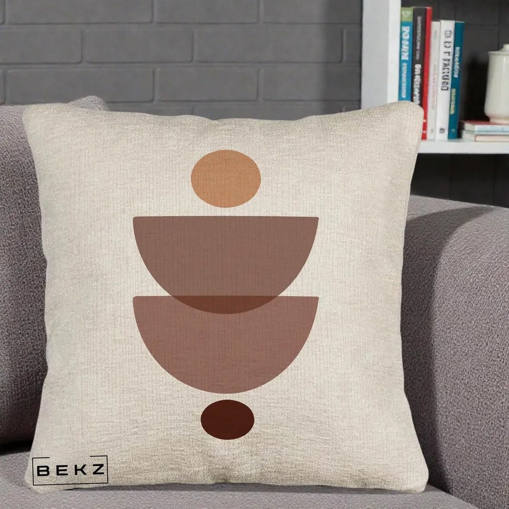 Perna Decorativa Geometric Boho Semicercuri Brun, 40x40 cm, Bej Canapea, Husa Detasabila, Perna Inclusa, BEKZ®