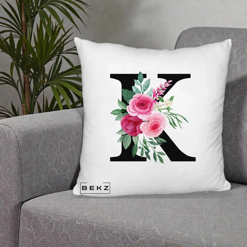 Cadou Personalizat - Perna Personalizata Monograma Florala Litera K, 40x40 cm, Alb Pufos, Husa Detasabila, Perna Inclusa, BEKZ®