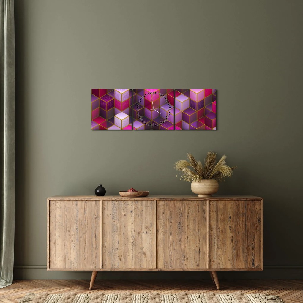 Tablou - Cuburi violet (cu ceas) (90x30 cm)