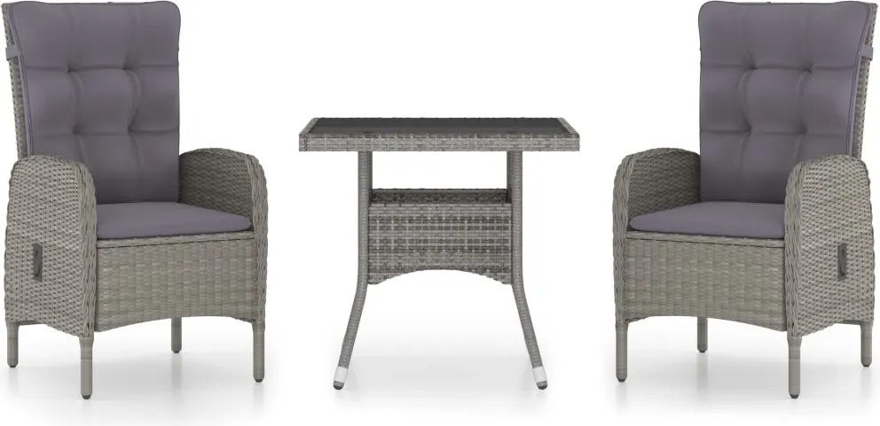 vidaXL Set de masă pentru grădină, 3 piese, gri, poliratan și sticlă