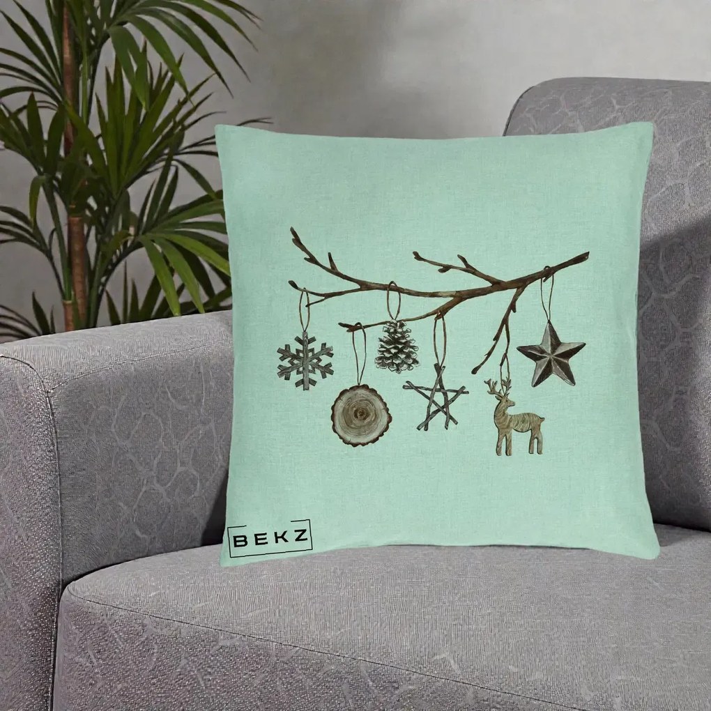 Perna Decorativa Ornamente de Lemn pe Ramura, 40x40 cm, Verde Menta, Husa Detasabila, Perna Inclusa, BEKZ®