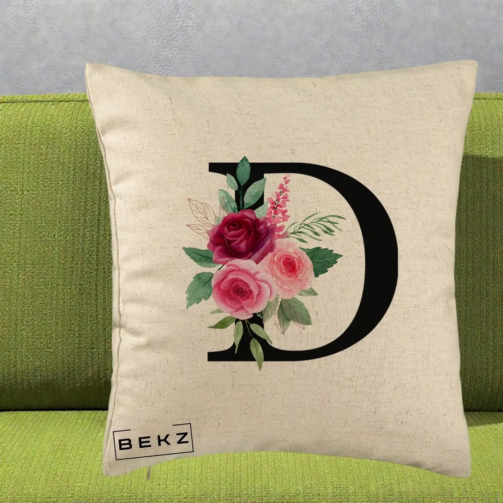 Cadou Personalizat - Perna Personalizata Monograma Florala Litera D, 40x40 cm, Bej, Husa Detasabila, Perna Inclusa, BEKZ®
