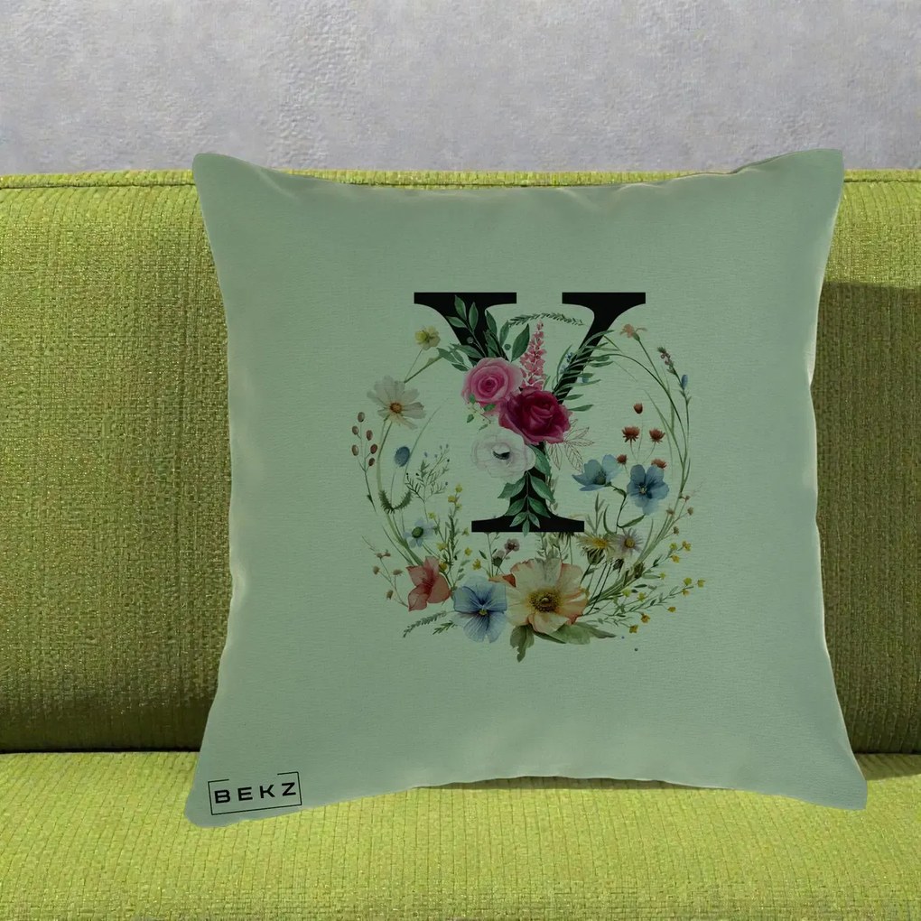 Cadou Personalizat - Perna Personalizata Monograma Florala Litera Y cu Coroana, 40x40 cm, Verde, Husa Detasabila, Perna Inclusa, BEKZ®