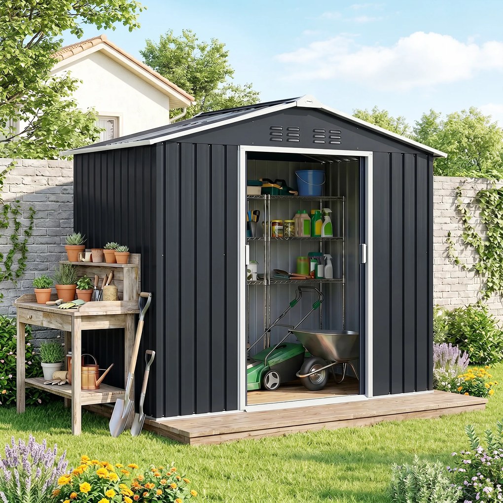 Outsunny Magazie de grădină metalică 2,77 m², 213 x 130 x 185 cm cu fundație, uși culisante, gri închis | Aosom Romania