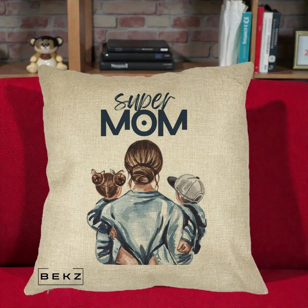 Cadou pentru Mama - Perna Personalizata Super Mom, 40x40 cm, Crem, Husa Detasabila, Perna Inclusa, BEKZ®