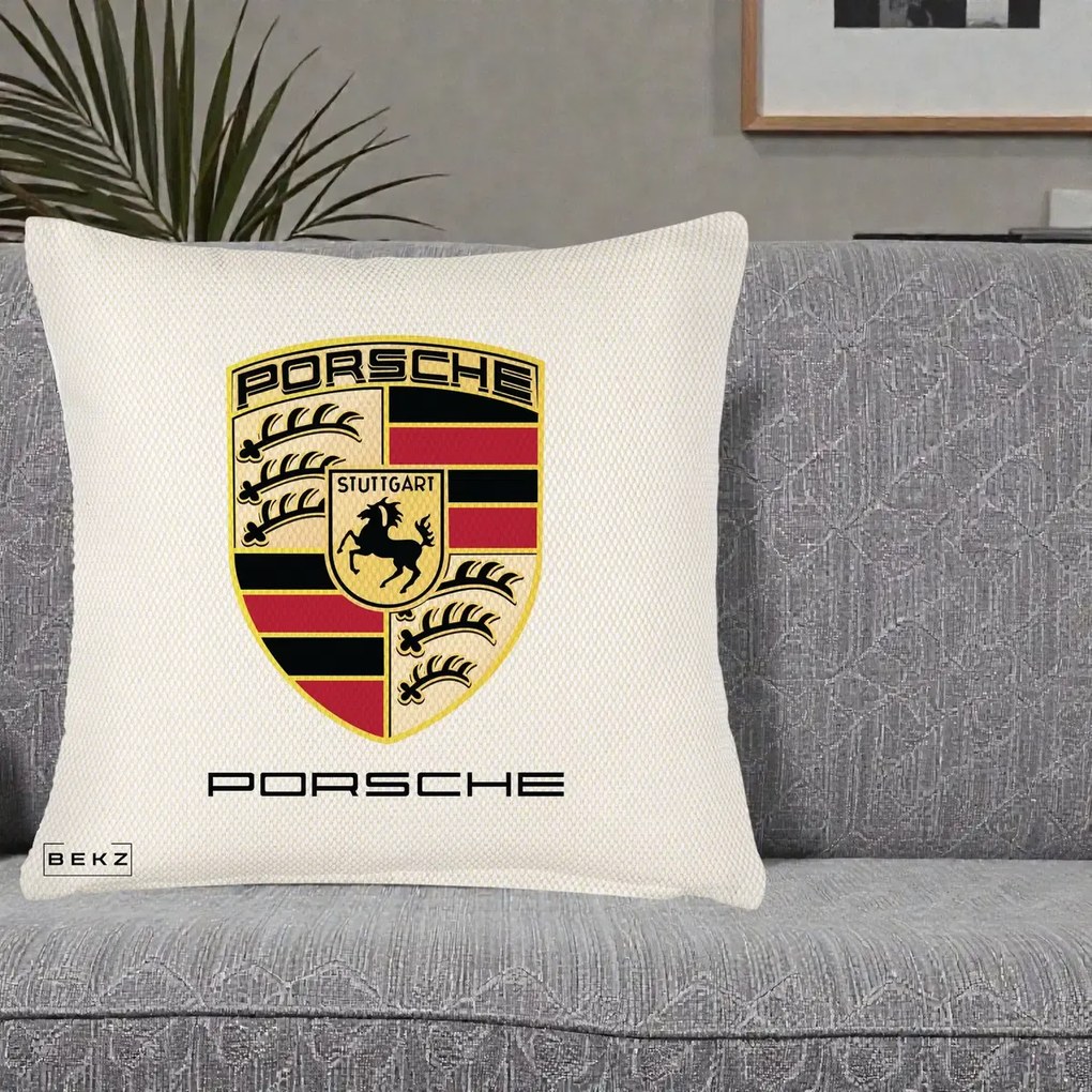Perna Personalizata Porsche Stuttgart, 40x40 cm, Crem Reliefat, Husa Detasabila, Perna Inclusa, BEKZ®