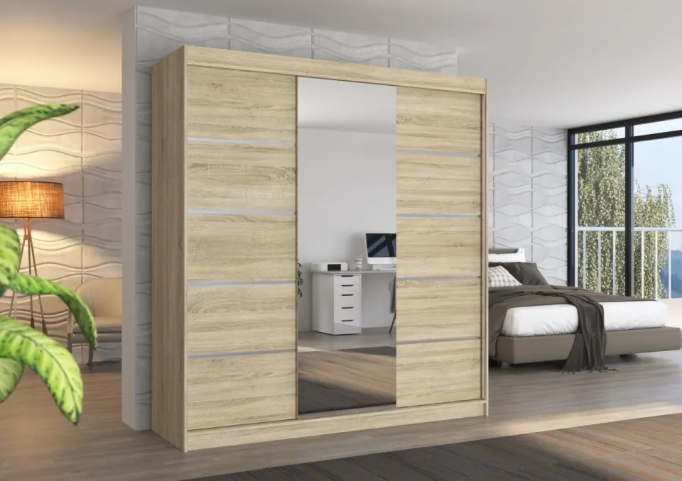 Dulap cu usi glisante si oglinda 200x215 cm, Bergen, ADRK Furniture (Culoare: Negru)