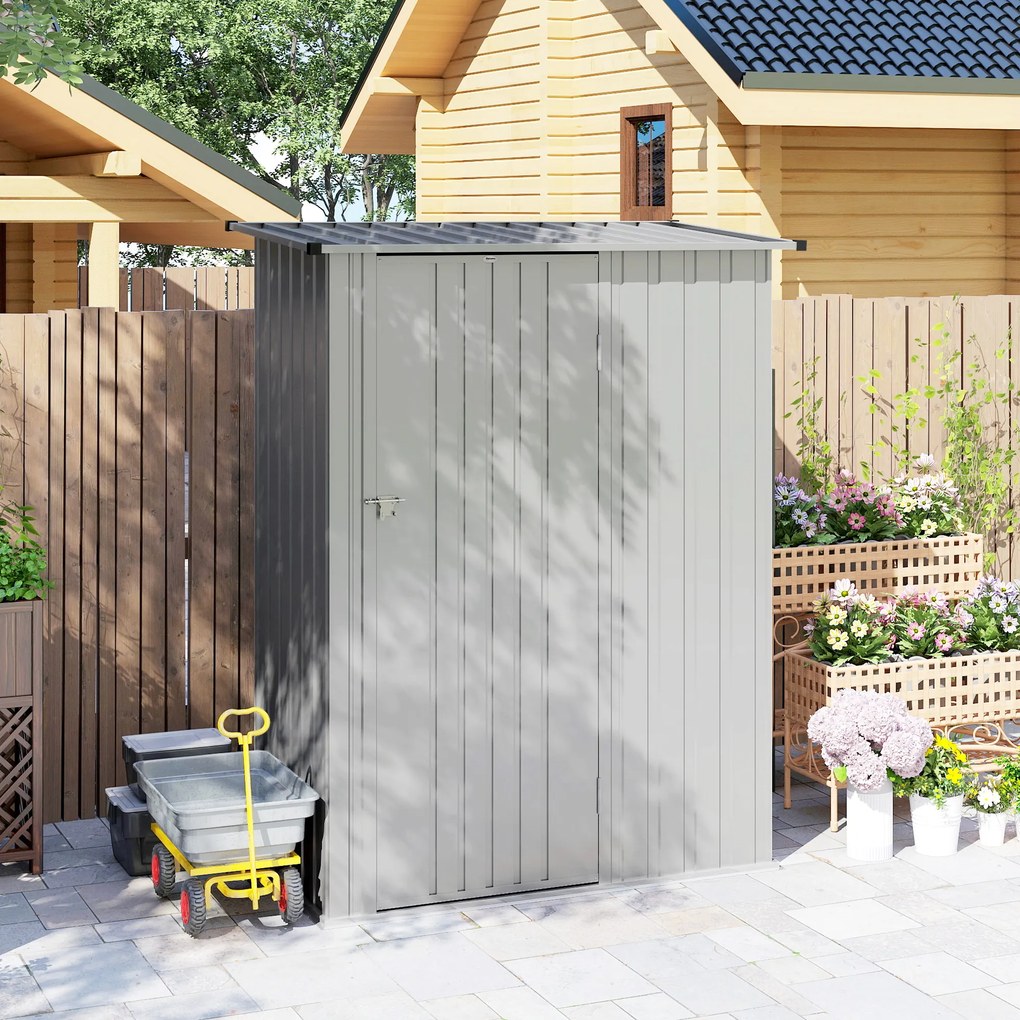 Outsunny Șopron de Grădină 1,07m² din Oțel Galvanizat, Depozit pentru Unelte cu Ușă Blocabilă și Acoperiș Înclinat, 142x86x189 cm, Argintiu | Aosom Romania