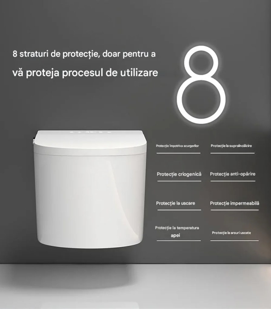 Vas toaletă inteligentă cu Bideu, Afișaj LED, Telecomandă, Sterilizare UV, Deschidere/Închidere automată, funcționare senzor picior, Control inteligent al Temperaturii, Uscare aer cald, Iluminare de noapte, Suspendat, Ceramică, Alb, 302