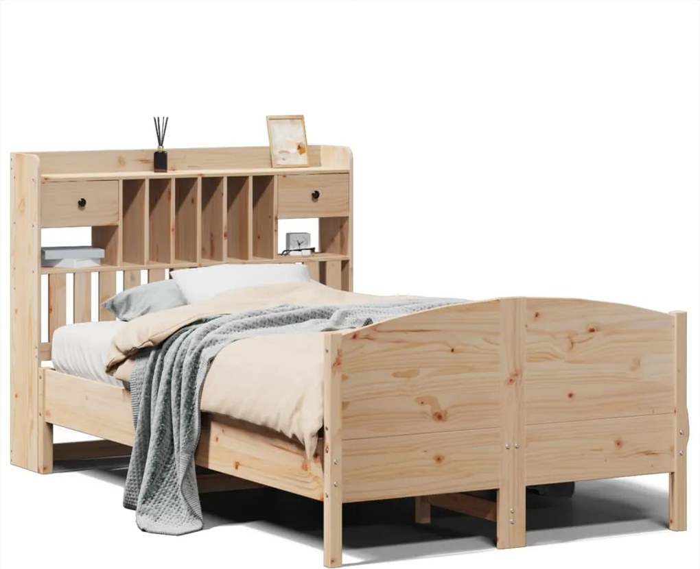 vidaXL Pat cu bibliotecă fără saltea, 135x190 cm, lemn masiv de pin