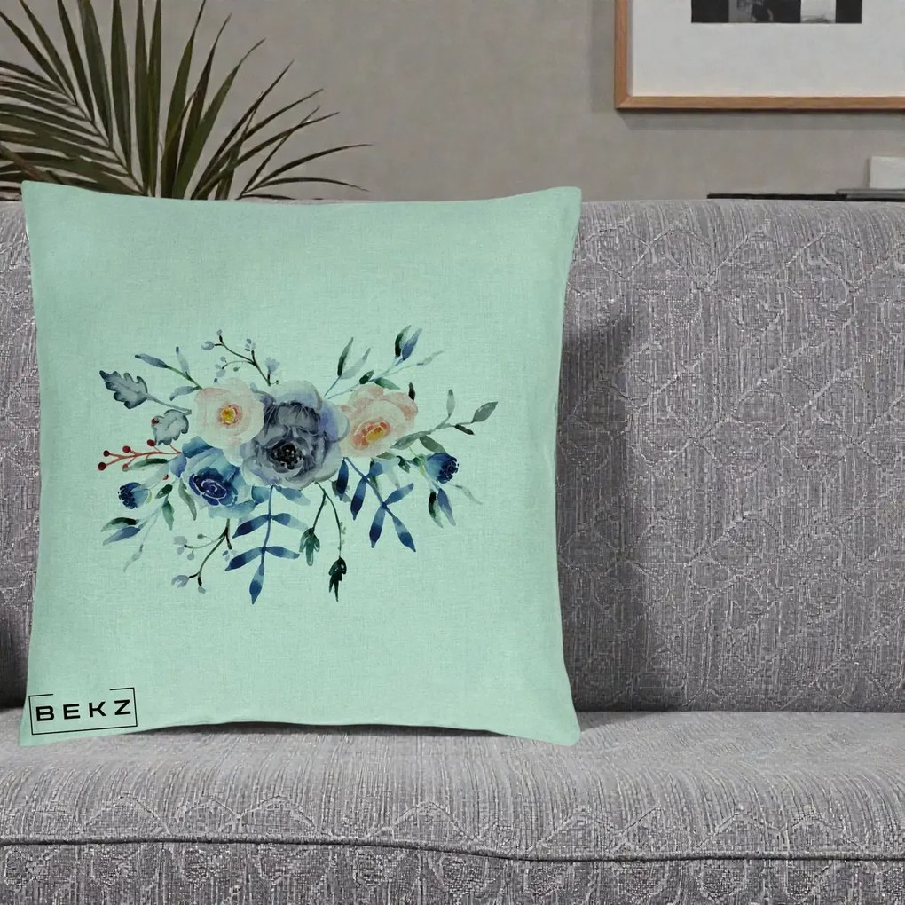 Perna Decorativa Buchet Flori Albastre Acuarela, 40x40 cm, Verde Menta, Husa Detasabila, Perna Inclusa, BEKZ®