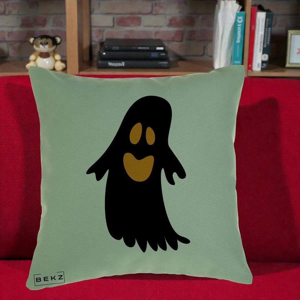 Perna Decorativa Halloween Fantoma Neagra cu Ochi Portocalii, 40x40 cm, Verde, Husa Detasabila, Perna Inclusa, BEKZ®