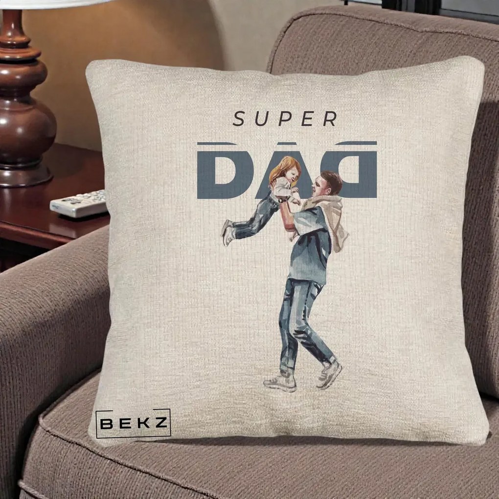 Cadou pentru Tata - Perna Personalizata Super DAD Tata si Fiica, 40x40 cm, Bej Canapea, Husa Detasabila, Perna Inclusa, BEKZ®