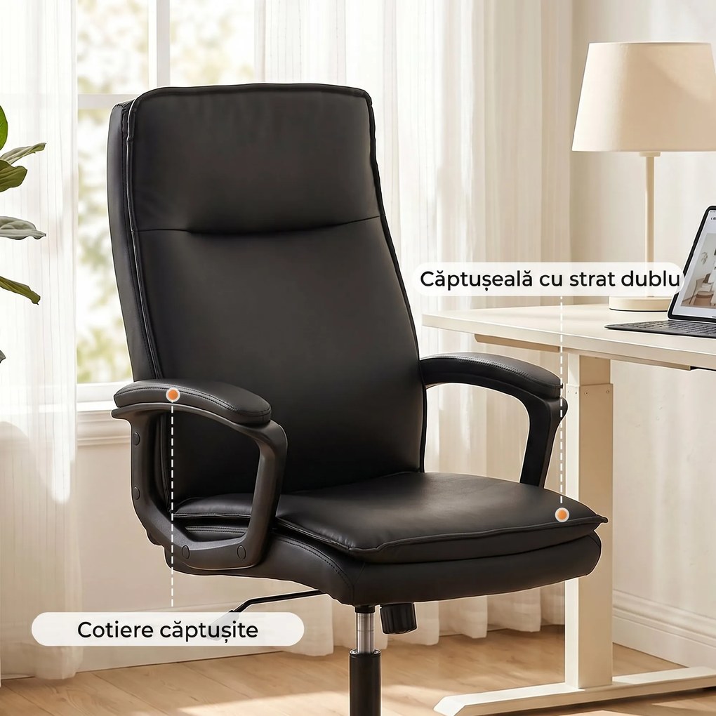 HOMCOM Scaun de Birou Rotativ din Piele PU, Funcție Legănare, Spătar Înalt, Reglabil pe Înălțime, Suportă 120 kg, Negru | Aosom Romania