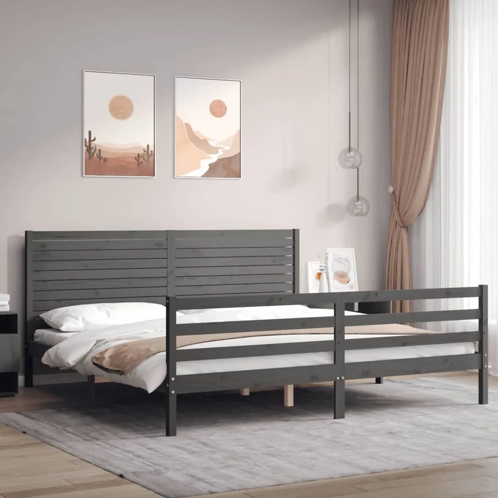 3195048 vidaXL Cadru pat cu tăblie 200x200 cm, gri, lemn masiv