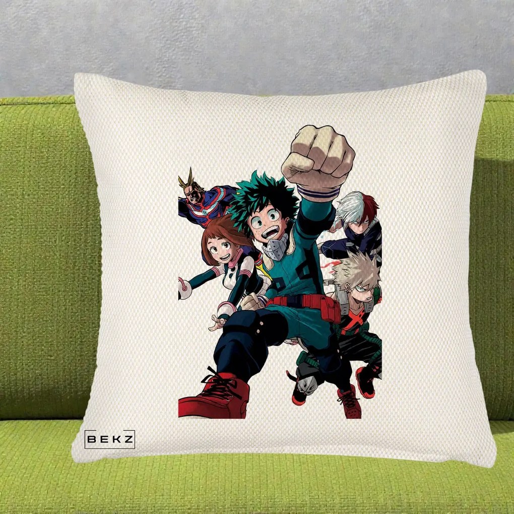 Perna Personalizata My Hero Academia Izuku Deku si Echipa, 40x40 cm, Crem Reliefat, Husa Detasabila, Perna Inclusa, BEKZ®