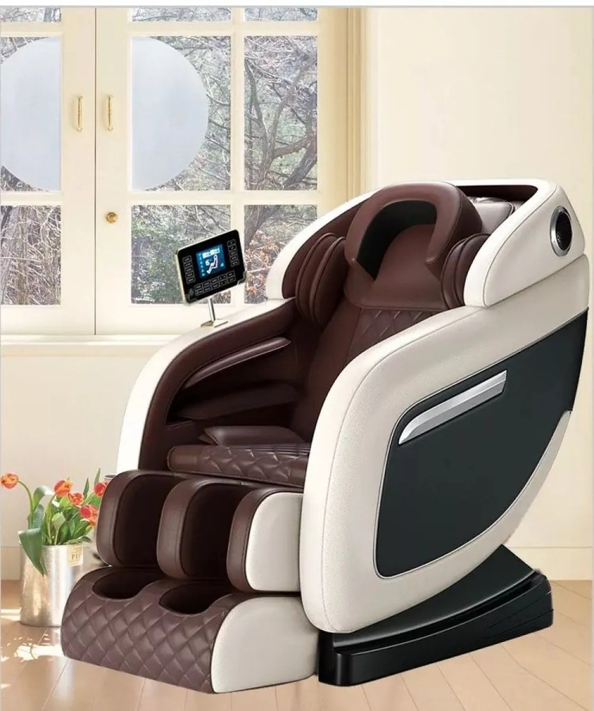 Fotoliu de Masaj 4D, cu Incalzire, Bluetooth, Display LCD, Zero Gravity, Moduri Automate, Track Inteligent, Reglarea intensității masajului în trei trepte, Piele Ecologica, Bej,
