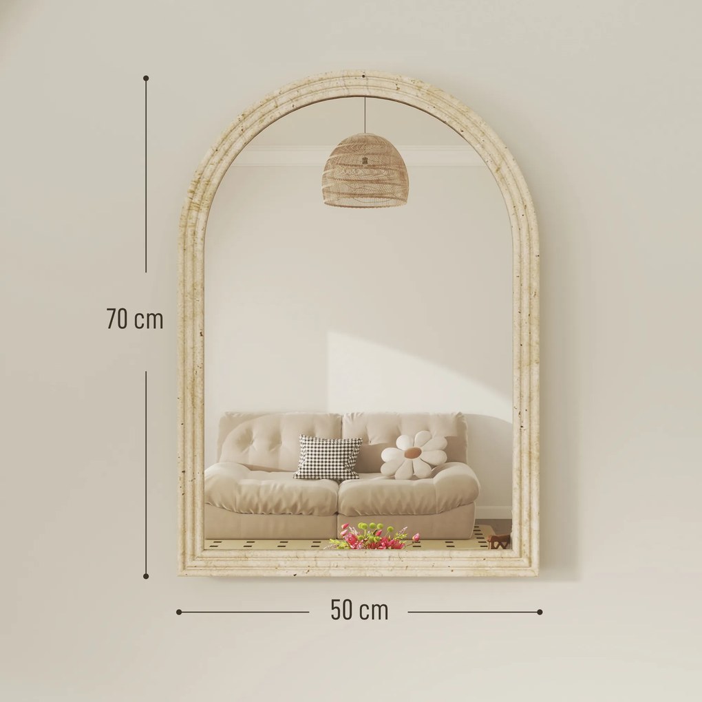 HOMCOM Oglindă de Perete în Arc cu Margine Canelată și Cârlige, Oglindă Modernă din Sticlă și Polistiren, 50x2x70 cm, Bej | Aosom Romania