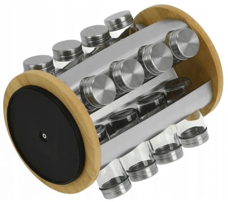 Set 16 borcane pentru condimente cu suport rotativ Klausberg KB 7553, bambus si otel, Inox/maro