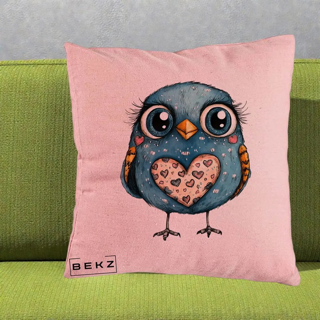 Perna Decorativa Bufnita Albastra cu Inimioare, 40x40 cm, Roz, Husa Detasabila, Perna Inclusa, BEKZ®