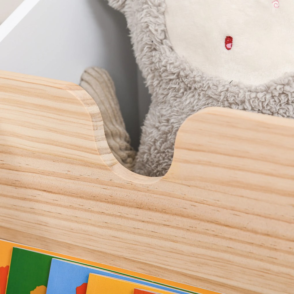 HOMCOM Cutie de Depozitare din Lemn pentru Jucării 2 Secțiuni cu Roți și Mâner Cărucior Copii Librărie cu Roți pentru Cameră Copii 40x43x43 cm Alb și Natural | Aosom Romania