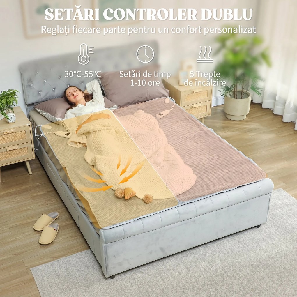 HOMCOM Pătură electrică 160x140 cm cu 5 niveluri de căldură, Gri | Aosom Romania
