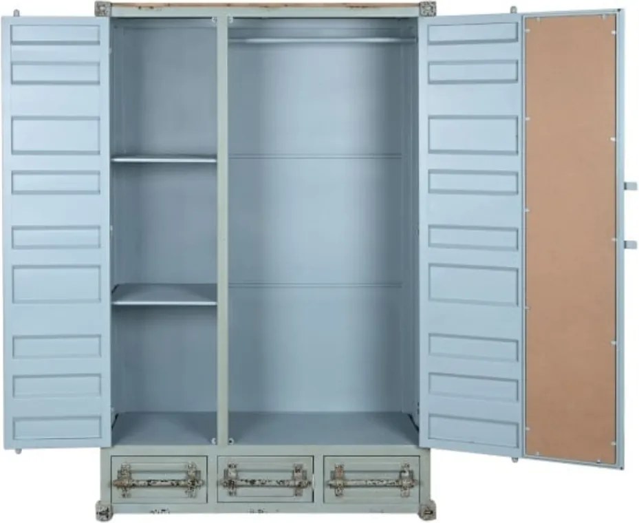 Dulap înalt industrial din metal, turcoaz, cu 2 uși din tablă ondulată, oglindă, 3 sertare, 4 rafturi și bară pentru haine, 174 x 112 x 46 cm, „Cargo”