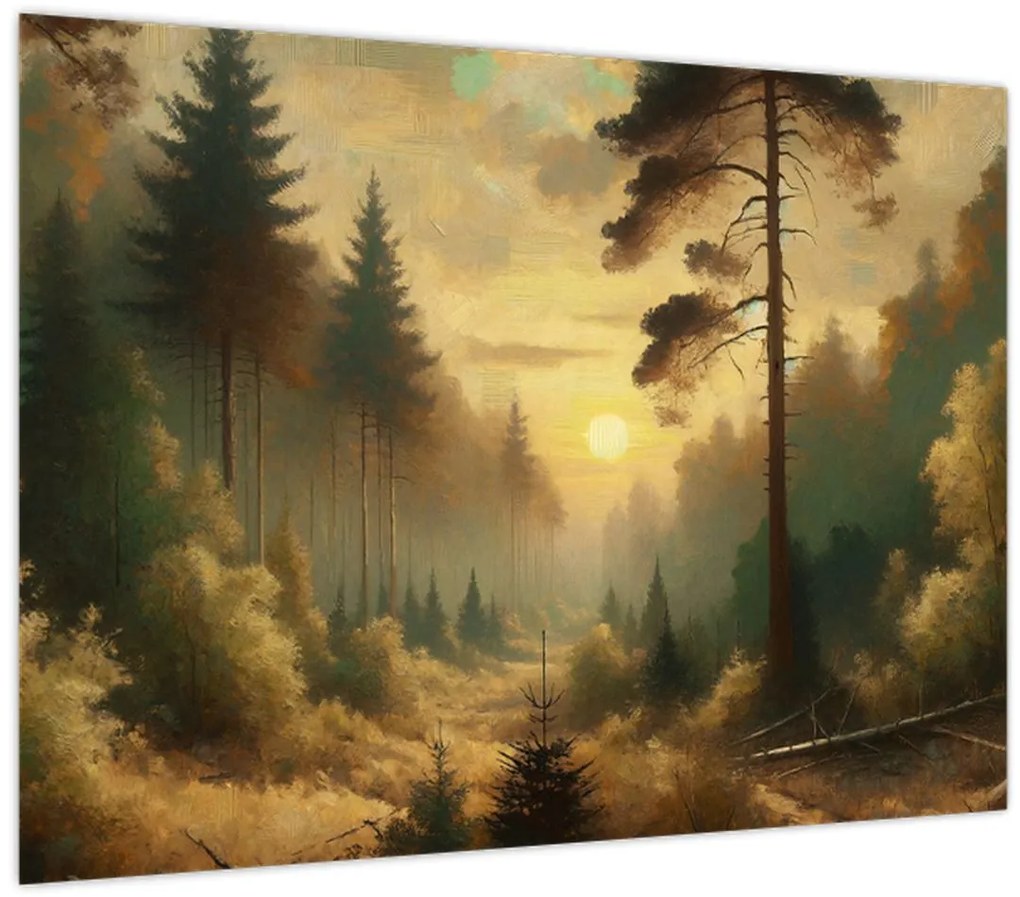 Tablou pe sticlă - Soare strălucind prin pădure (70x50 cm)