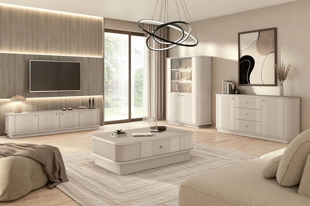 Comodă cu sertare pe soclu Vesper 160 cm - cașmir / mânere aurii