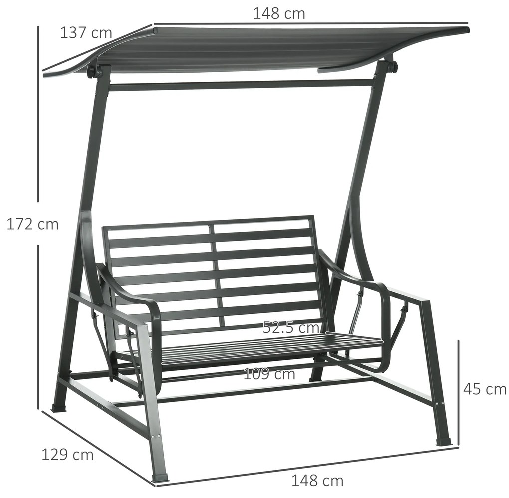 Balansoar pentru gradina cu 2 locuri, din otel cu acoperis inclinabil si perne cu husa detasabila, 148x129x172 cm, negru si gri | Aosom Romania