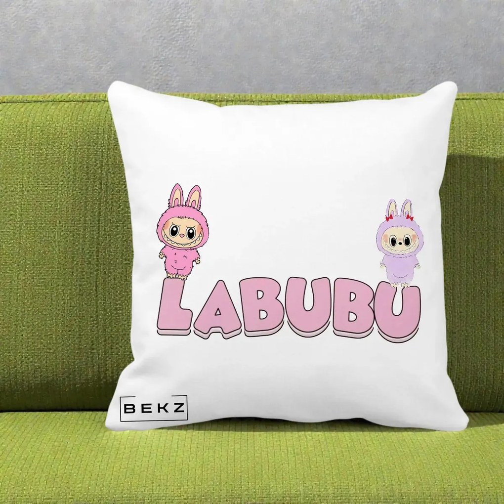 Perna Personalizata Labubu Duo Roz-Lila cu Text, 40x40 cm, Alba Mata, Husa Detasabila, Perna Inclusa, BEKZ®