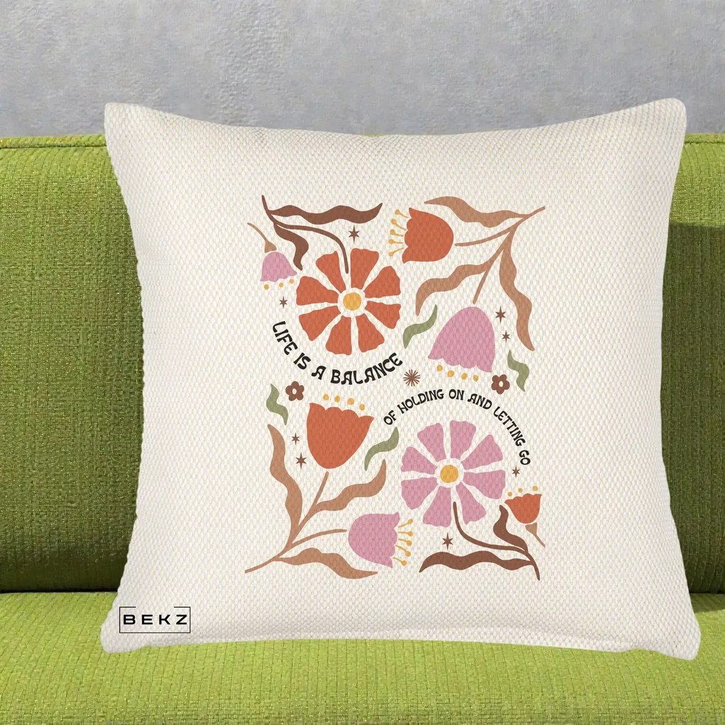 Perna Decorativa Life is a Balance Floral, 40x40 cm, Crem Reliefat, Husa Detasabila, Perna Inclusa, BEKZ®