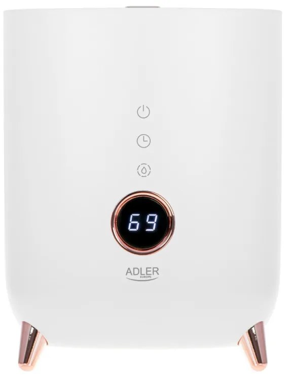 Umidificator de aer Adler AD 7972, Pana la 35m2, 4l, 150-300 ml/ora, Ultrasunete, Display LED, Higrometru, Timer, Alb