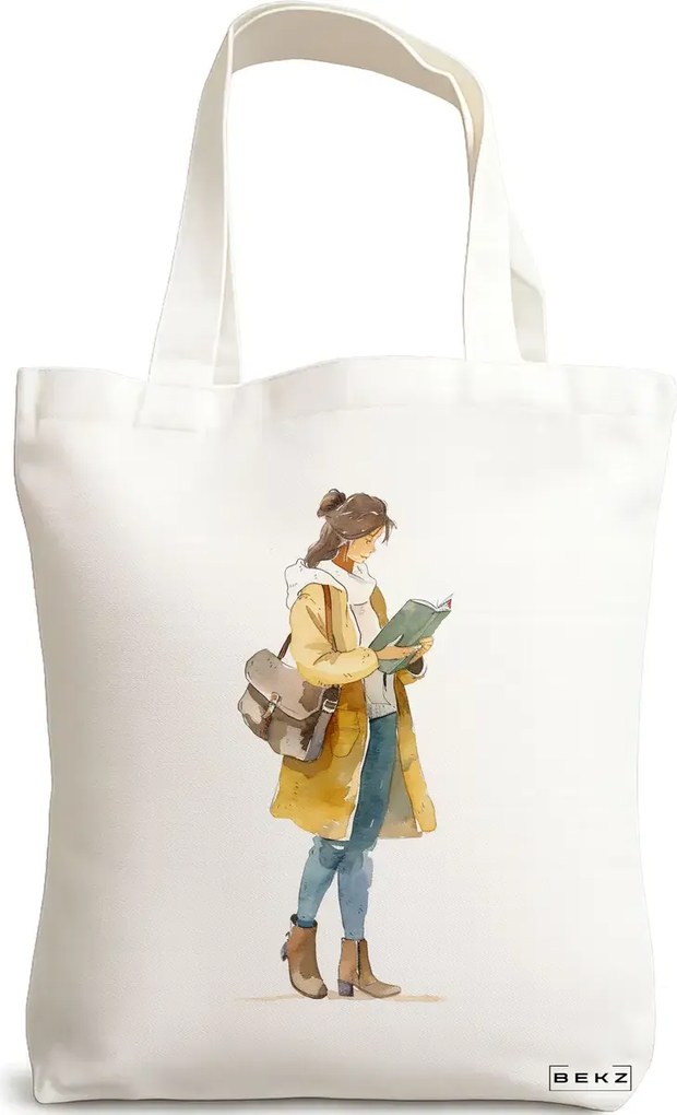 Sacosa de Panza pentru Cumparaturi, Geanta Tote, model The bookie girl 26 38 x 34.5 cm, Alba, BEKZ®