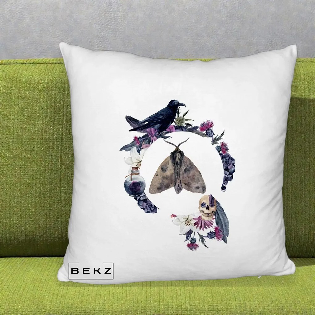 Perna Decorativa Gothic Wreath Corb Moliu Craniu, 40x40 cm, Alb Pufos, Husa Detasabila, Perna Inclusa, BEKZ®