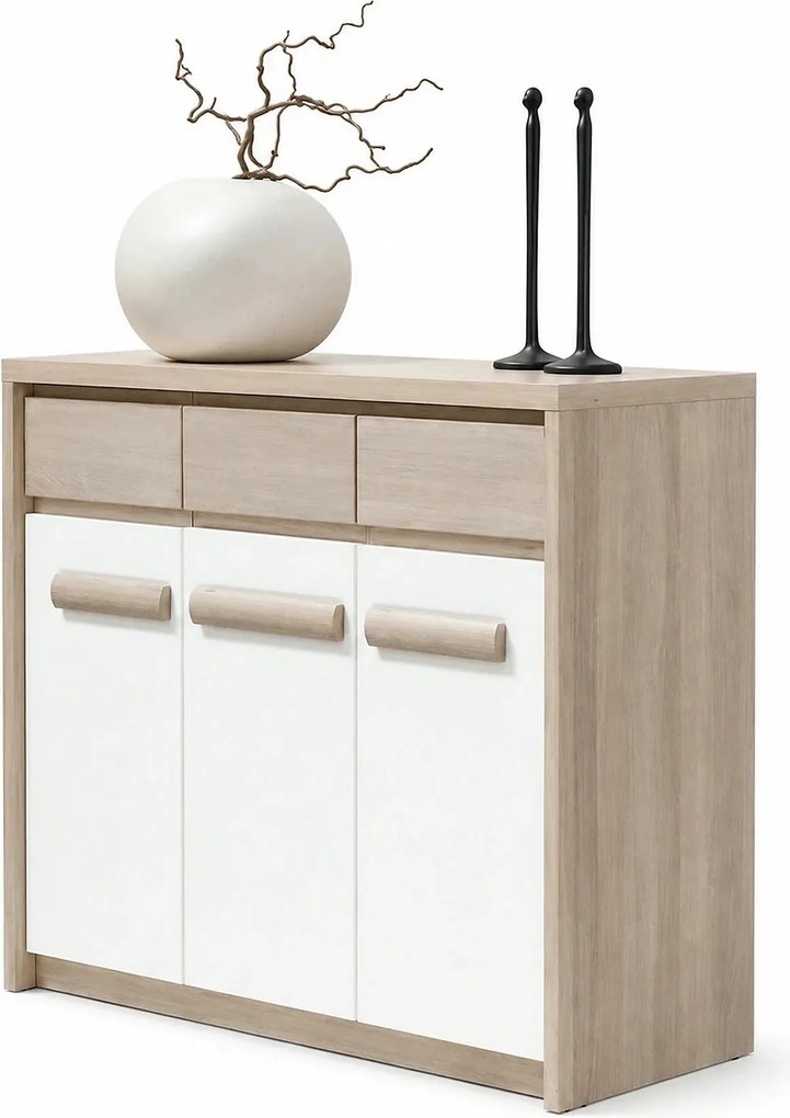 Comoda ROMA 12, stejar Ferrara/alb lucios/gri mat, PAL/PVC, 135x43x104