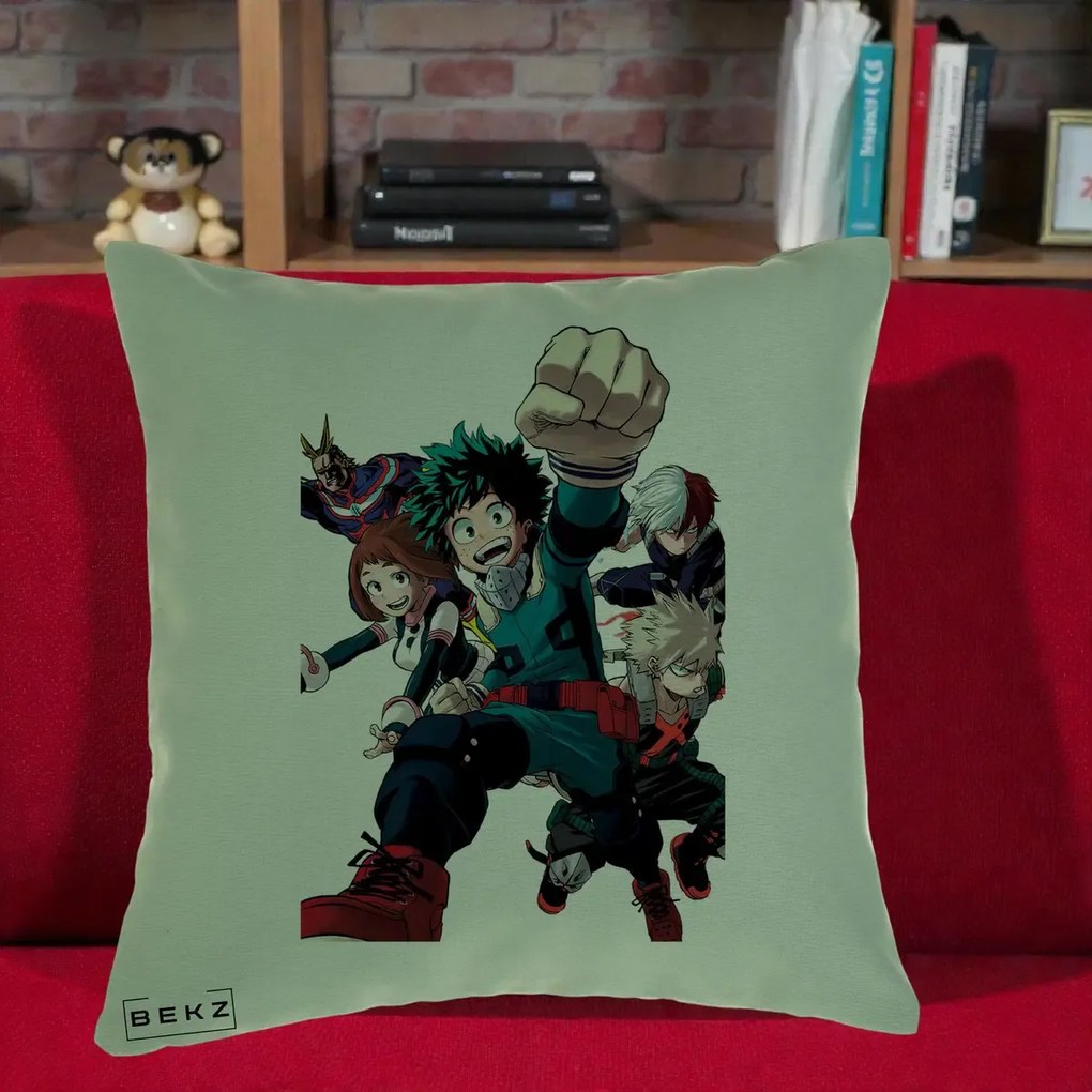 Perna Personalizata My Hero Academia Izuku Deku si Echipa, 40x40 cm, Verde, Husa Detasabila, Perna Inclusa, BEKZ®